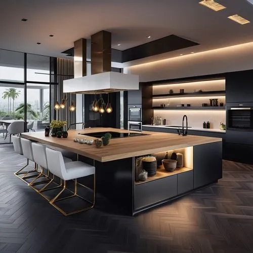 BLACK THEME ,HIGHLY LUXURIOUS BLACK INTERIOR ,ULTRA 32K REALISTIC , WHITE herringbone oak floor,modern kitchen interior,modern kitchen,kitchen design,modern minimalist kitchen,interior modern design,k