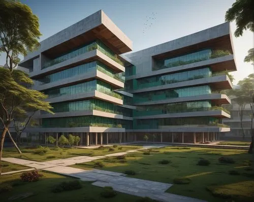 Modern Indian architectural college campus, sprawling green lawns, contemporary brutalist buildings, sleek glass facades, minimalist steel structures, vibrant turquoise accents, intricate stone carvin