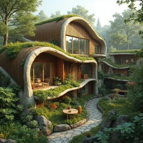 Earthy organic buildings, natural materials, reclaimed wood, living roofs, green walls, lush vegetation, curvaceous lines, biomimicry forms, solar panels, wind turbines, rainwater harvesting systems, 