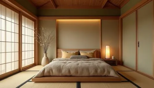 A traditional Japanese-style bedroom with a warm and serene ambiance, featuring a central wooden raised platform holding a futon-style bed with a textured beige quilt and complementary soft pillows in