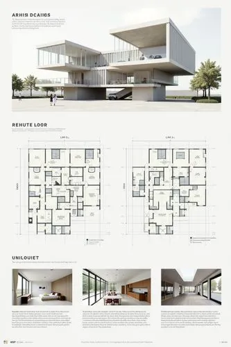 A professional architectural presentation board with a Pure background and a clean, minimalist design layout. The board includes:
Top Section: On the top left, a photorealistic render of a contempora
