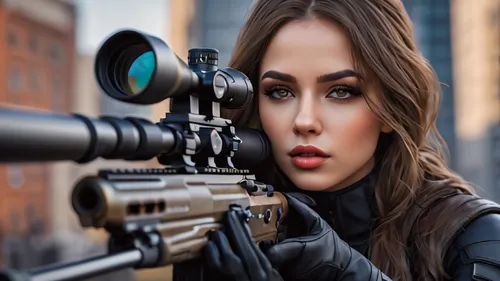 (best quality,8k,ultra-detailed,realistic:1.37),(female,beautiful detailed eyes,beautiful detailed lips,extremely detailed eyes and face,longeyelashes:1.1),(medium:1.1) black bodysuit,[sniper rifle],[