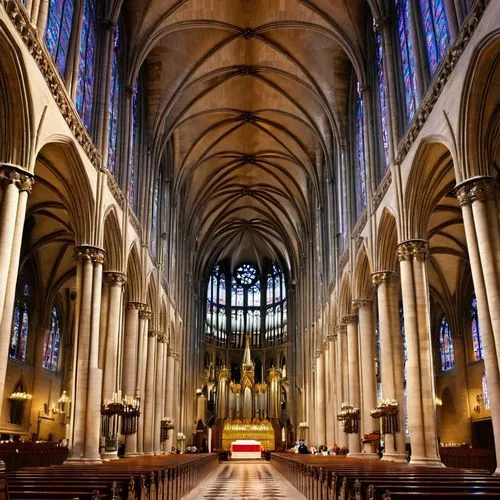 Notre Dame Cathedral, Gothic architecture, Paris, France, iconic facade, intricate stone carvings, stained glass windows, grand entrance, towering vaulted ceilings, ornate pews, majestic organ pipes, 