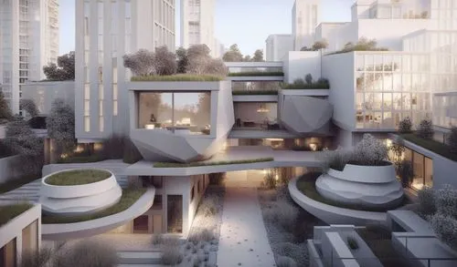 an unusual building with many trees in the front,futuristic architecture,futuristic art museum,cube stilt houses,sky apartment,cubic house,urban design,modern architecture,penthouses,redevelop,render,