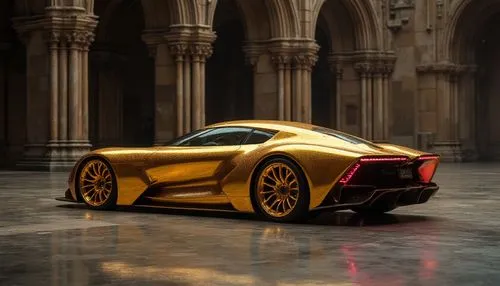 "Opulent gold supercar with sleek aerodynamic design, positioned in medieval cathedral hall, dramatic low lighting, reflective stone floor, architectural elegance",a car covered in gold, parked inside