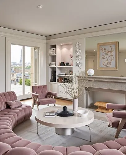 A luxurious living room featuring a curvy velvet sofa in a soft pink hue, an artistic coffee table, and modern decor, with Parisian-style windows offering a view of the Eiffel Tower.,a living room wit