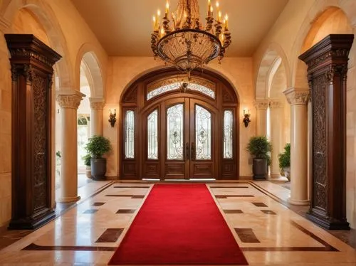 Grand, modern doorways, luxurious mansion, intricate carvings, bronze doorknobs, ornate hinges, arched entrance, symmetrical composition, Renaissance-inspired design, cream-colored stone walls, tall p