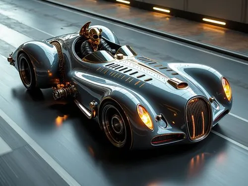a silver racing car speeds on a city street,morgan electric car,mercedes-benz w 196,racing car,automobile racer,nuvolari,oreca,electric sports car,caterham,renault juvaquatre,dallara,speedster,sportsc