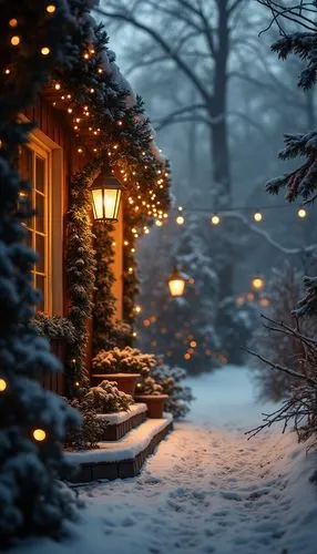 A magical Christmas wallpaper featuring cozy exterior, styled with monochrome tones, evoking a festive and cheerful atmosphere.,winter night in the back yard with lights shining on tree limbs,christma