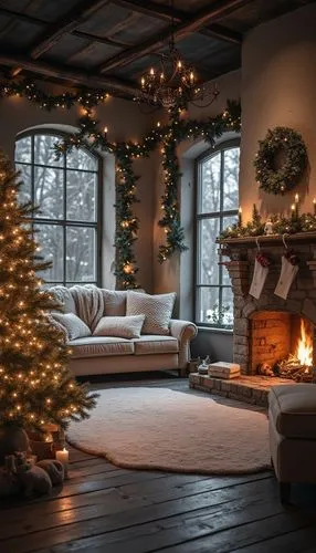 A magical Christmas wallpaper featuring cozy interiors, styled with monochrome tones, evoking a festive and cheerful atmosphere.,a christmas tree inside of a living room,christmas fireplace,christmas 