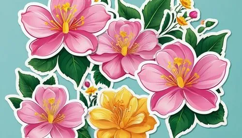flores rosadas con amarillo,a group of flowers sitting on top of a blue background,flower illustration,illustration of the flowers,flower drawing,floral greeting card,flower painting,flower background