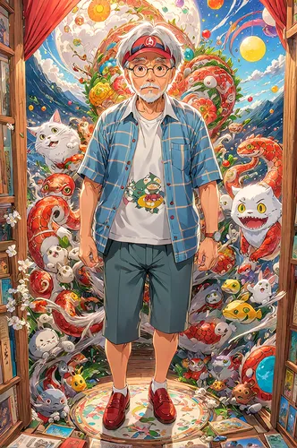 Hayao Miyazaki, Ghibli comic style, Japanese comics,studio ghibli,shopkeeper,shirakami-sanchi,yo-kai,garp fish,anime japanese clothing,hiker,mural,psychedelic art,sci fiction illustration,2d,boy's roo