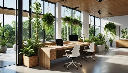 Design a work space that incorporates natural elements, such as greenery, natural light, and organic materials, to promote well-being. Generate a high-resolution interior render of a modern eco-friend