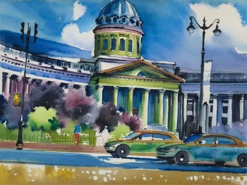 Сирень у Казанского собора, акварель,a painting of a courthouse with two cars parked,tweed courthouse,courthouses,capitol square,eastern market,customhouse,capital city