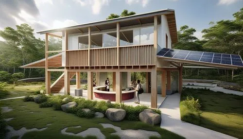a house with solar panels on the roof and two people standing outside it,solar panels,prefabricated