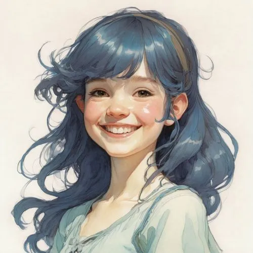 a girl, solo, upper body, smile, ,a girl's smile,watercolor blue,girl portrait,hinata,child portrait,child girl,girl drawing,blue hair,a smile,blue painting,smiling,2d,fantasy portrait,girl with speec