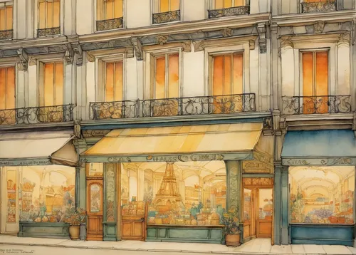 Let the ethereal watercolors bring the Paris shops to life.,watercolor paris shops,watercolor paris,paris shops,art nouveau,watercolor paris balcony,watercolor shops,facade painting,watercolor tea sho