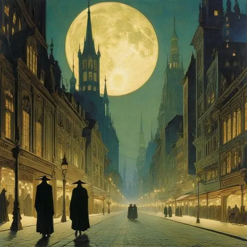 john atkinson grimshaw,night scene,lamplighter,lev lagorio,evening atmosphere,moonlit night,street lamps,moon phase,gas lamp,vintage art,hamelin,moonlit,orlovsky,big moon,1926,1921,1925,evening city,t