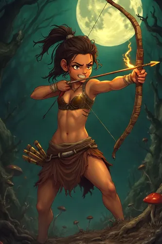 a  woman holding a bow and arrows in the forest,inara,vishwamitra,moana,female warrior,zarina,apsara,warrior woman,durga,kshetra,vimalamitra,yavana,parashuram,shakuntala,pandava,draupadi,parashurama,a