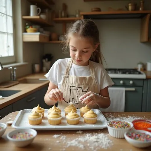 A teenage girl baking cupcakes for a school fundraiser in her family kitchen. She’s frosting each one with precision, her apron covered in flour. The counters are lined with trays of baked goods and b