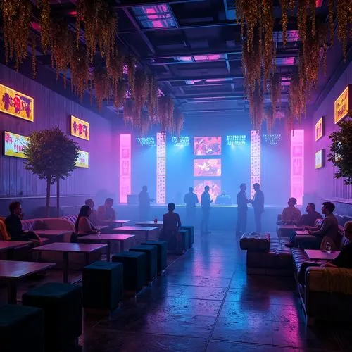 Vibrant nightlife scene, pulsating LED lights, mesmerizing strobe effects, fog machines, dance floor, VIP lounge area, luxurious velvet couches, metallic accents, glossy black surfaces, neon signs, UV
