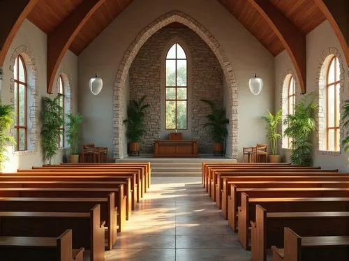 Rustic church exterior, natural stone fa\u00e7ade, reclaimed wood accents, stained glass windows, solar panels, green roofs, eco-friendly materials, minimalist interior design, vaulted ceilings, woode