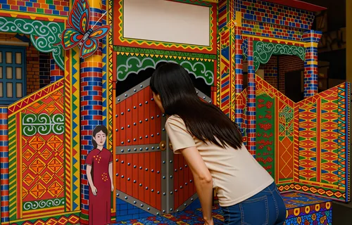 a woman is playing in a fake art installation,wooden door,doorway,blue door,oriental girl,garden door,doorways,blue doors,doors,facade painting,colorful facade,metallic door,henna frame,summer palace,