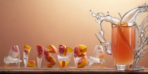 Peach juice water in tha glass,candied fruit,fruit cocktails,citrus juicer,glasswares,fruitcocktail,fruit syrup,cocktail garnish,shrimp cocktail,food styling,juice glass,fruit juice,spritz,prawn cockt