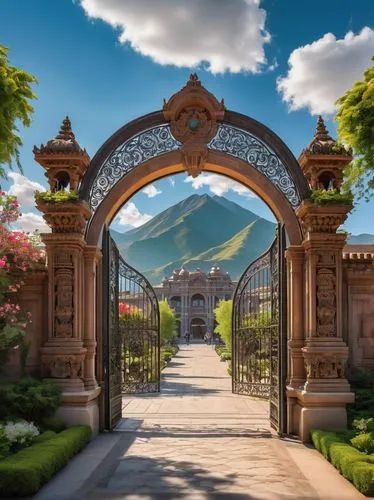 Western-style architecture, grand entrance gate, ornate ironwork, intricate stone carvings, imposing pillars, majestic archways, symmetrical composition, warm afternoon sunlight, soft shadows, lush gr