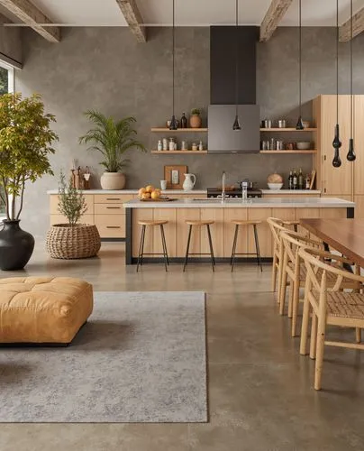 Industrial, Exposed concrete ceiling, Warm wood cabinetry, Polished concrete flooring, Black metal accents, Minimalist lighting, Earthy neutral tones, Linear structures, by Norm Architects,a kitchen a