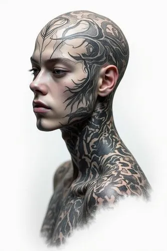 Zues head & Body , Realstic, hyper realism, tattoo design Realstic , Geomatric Design , isolated in white background
,a woman with black tattoo on her head,tatman,genest,tatuus,tattooist,derivable,i