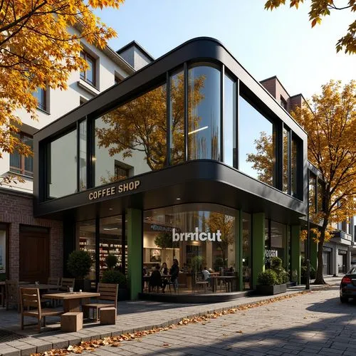 In an autumn setting, there is a stylish two-story coffee shop called "coffee shop." The exterior is black and light green, with large glass windows, and the design is creatively shaped, possibly like