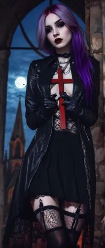 Gothic girl, purple hair, long straight, bold eyebrows, pale skin, dark eye circles, black eyeliner, red lips, fishnet stockings, leather skirt, lace gloves, silver crucifix necklace, standing, abando