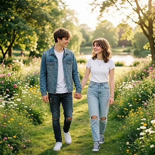 Teenage couple, sweet moment, holding hands, gentle smiles, bright eyes, youthful skin, casual outfit, denim jacket, white T-shirt, ripped jeans, Converse shoes, messy brown hair, side-swept bangs, na