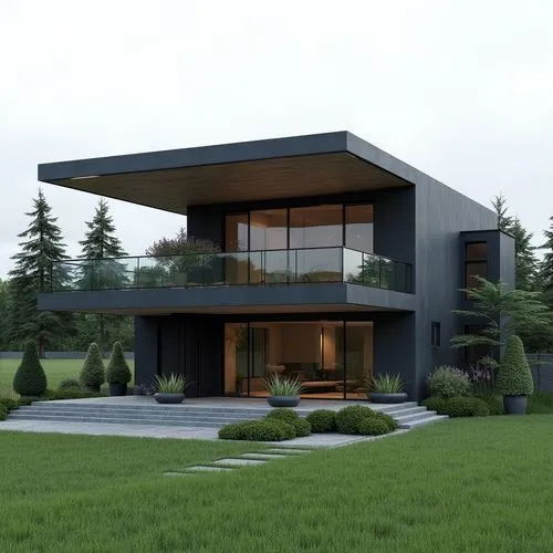 A sleek, contemporary two-story home composed of clean, geometric lines and a sophisticated monochromatic palette of charcoal, graphite, and soft gray. The façade features large windows framed by slim