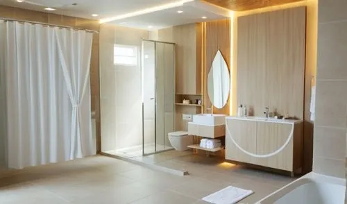 interior bathroom render, use light colors, add realistic  materials, add lighting, add decent room view, right side has louvers
,a bathroom with a shower, sink, and mirror,luxury bathroom,modern mini