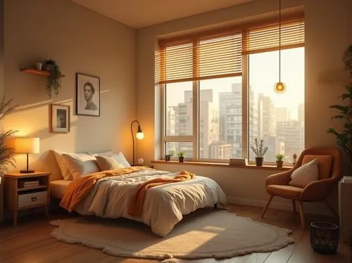 Cozy dorm room, modern minimalist style, warm beige walls, wooden furniture, softbox lights, table lamps, floor lamps, natural light pouring through large windows, blinds half-open, comfortable beddin