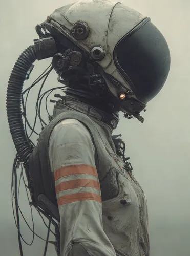In a dim, cyberpunk - themed memorial plaza, a cybernetic astronaut stands before a wall of flickering holographic memories. Their suit—worn white with faded orange stripes—is a relic of a bygone miss