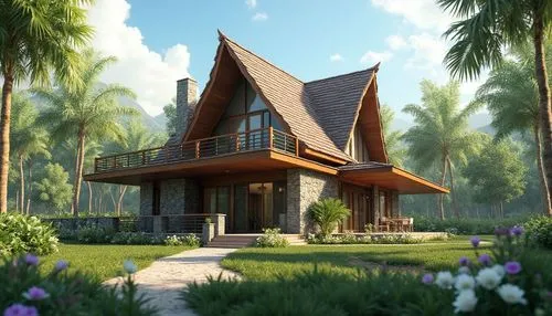 A beautiful one-story modern tropical house with a steep pointed roof, elegant wooden balcony, large glass windows, spacious veranda, natural stone walls, surrounded by lush green garden and colorful 