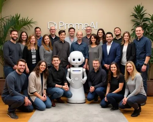 This is a photograph of a diverse group of 18 people, including both men and women, standing and kneeling in a casual office setting. The group is centered around a humanoid robot labeled "PromeAI." E