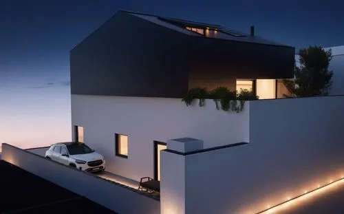 LEDS, MINIMALIST , BLACK ROOF, BLACK WALL,a car is on top of a white house at night,fresnaye,dunes house,modern house,electrohome,cubic house,roof landscape