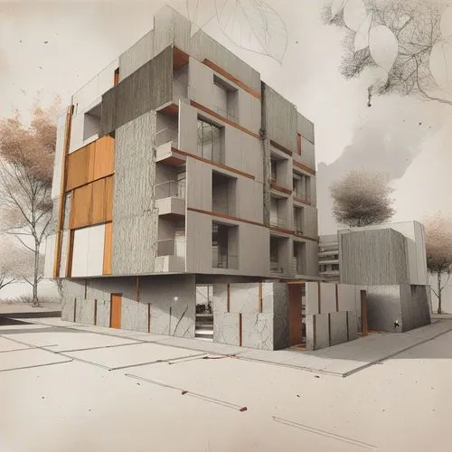 a large gray building with some wooden slats on it,renders,redevelopment,render,maisonettes,prefabrication,cubic house,cantilevers,habitat 67,redevelop,apartment block,rendered,multistory,cantilevered