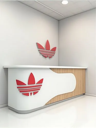 Turn this sketch into a render, the counter is made of white acrylic and wood, with the Adidas Trefoil logo on it, the logo is red, all on a white background, realistic render, 4K ,




,a white count