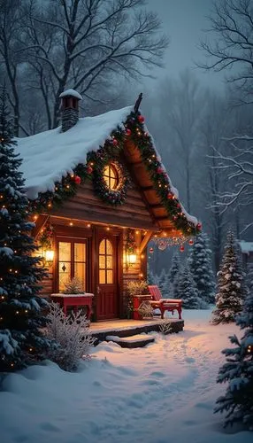 A magical Christmas wallpaper featuring cozy exterior, styled with monochrome tones, evoking a festive and cheerful atmosphere.,a little christmas house on a snowy night,winter house,christmas landsca
