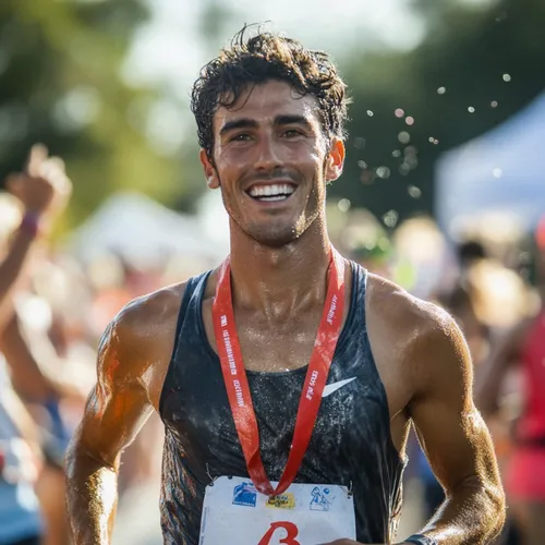 a running man,triathlon,triathlete,marathoner,finish line,steeplechaser,cross country,trail running,steeplechase,medalist,gold medal,run uphill,finisher,the day of the race,perspiration,runner,invitat