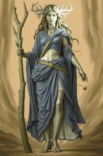 a painting of a female warrior, standing next to a dead tree,satyr,dryad,faun,druidism,fauns,dryads,druid,druids,pagan,shamanic,naiad,shamanism,elven,matriarch,priestess,mythological,male elf,naiads,s