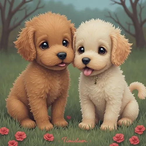 Poppy witth Kissy missy
,a couple of puppies sitting on top of a grass covered field,cute animals,puppies,cute puppy,playing puppies,pups,flower background,cute cartoon image,kiss flowers,dog illustra