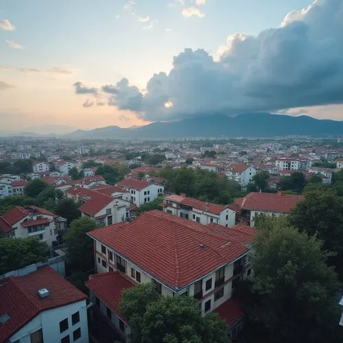Create a vibrant cityscape at dusk, featuring modern architectural buildings with red rooftops and lush greenery interspersed between them. Above, dramatic clouds loom over distant mountains, hinting 