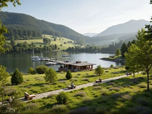 Rolling hills, lush green meadows, serene lakeside, wooden docks, sailboats, walking trails, natural stone pathways, rustic benches, vibrant wildflowers, soft breeze, warm sunlight, shallow depth of f