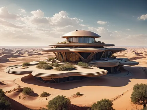 a futuristic building in the middle of a desert, DUNE, digital art, cg society contest winner, digital art, organic architecture, amazingly epic visuals, human futuristic city, (Frank Lloyd Wright:1.3